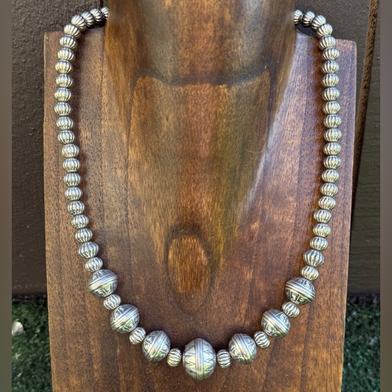 Sterling Silver Stamped Corrugated Pearls Bead Necklace. 18 Inch